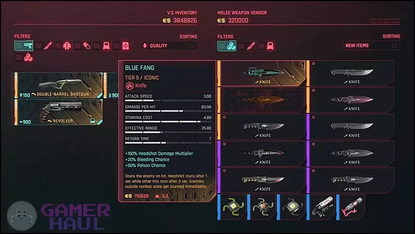 Screenshot of Blue Fang Knifes Weapon Stats in Cyberpunk 2077