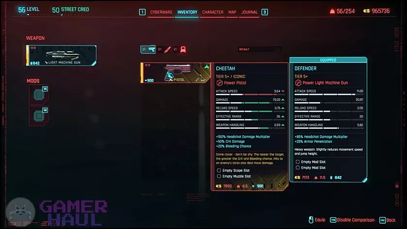 Screenshot of Cheetah Pistol Weapon Stats in Cyberpunk 2077 Phantom Liberty