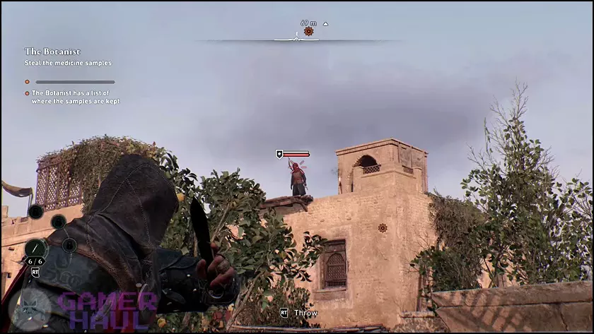 Aiming a Throwing Knife at an Unsuspecting Guard in The Botanist Contract of AC Mirage