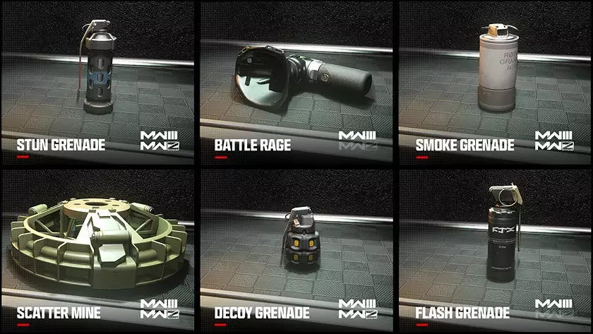 Gallery featuring list of first six Tactical Equipment available in Call of Duty: Modern Warfare 3 at launch.