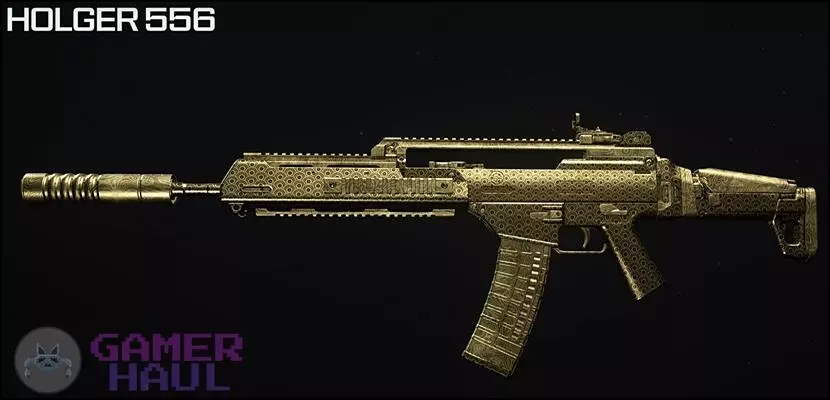The Holger 556 AR in Modern Warfare 3, sporting the Gold Camo with the best attachments equipped.