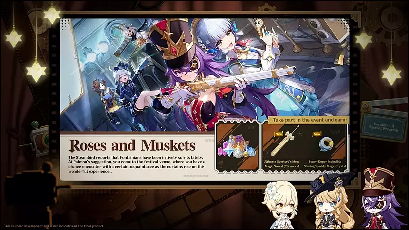 The featured banner of one of the new events of Genshin Impact Version 4.3, Roses and Muskets.