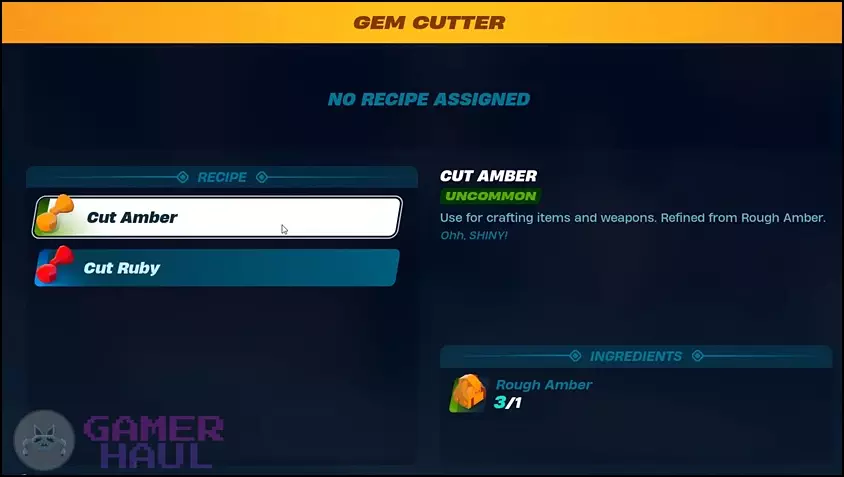 Refining Rough Amber into Cut Amber in LEGO Fortnite using a Gem Cutter.