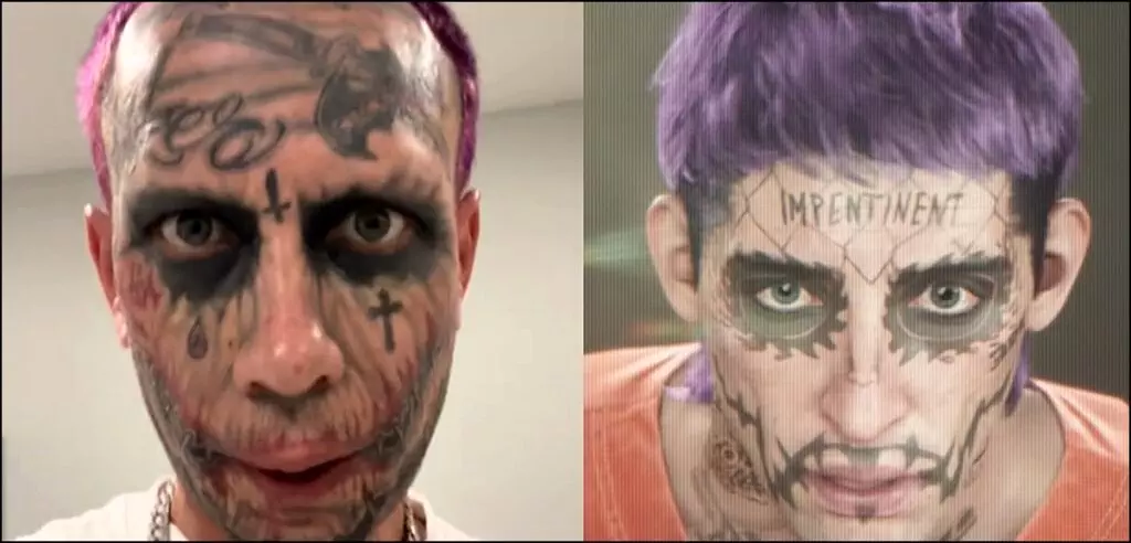 Two pictures comparing the real life Florida Joker Man and Rockstar's parody in the Grand Theft Auto 6 trailer.