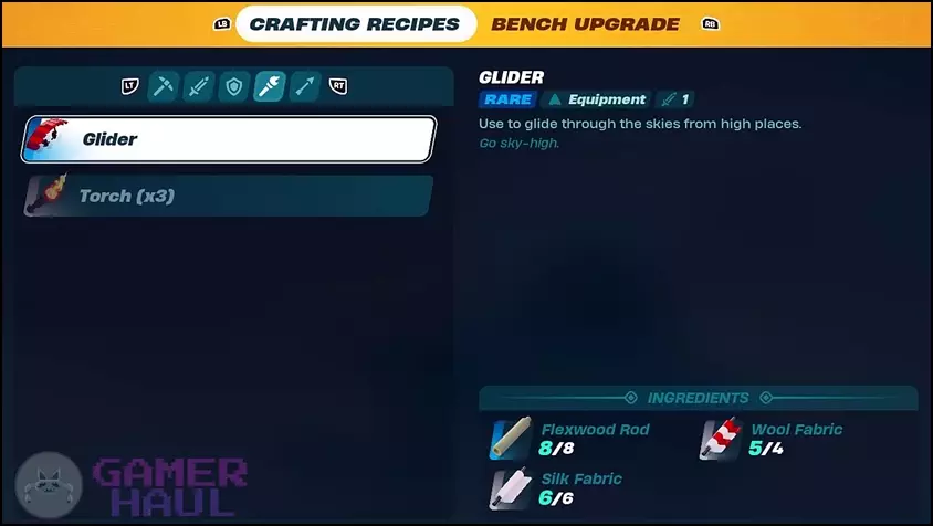 Glider Crafting Recipe at the Crafting Table in LEGO Fortnite.
