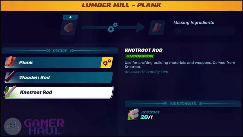 Knotroot Rod recipe in LEGO Fortnite.