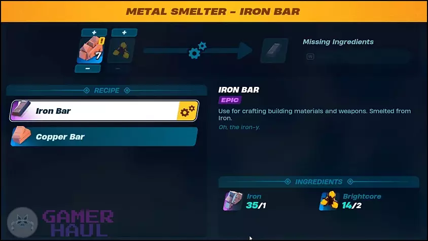 Iron can be processed into Iron Bars using a Metal Smelter in LEGO Fortnite. 