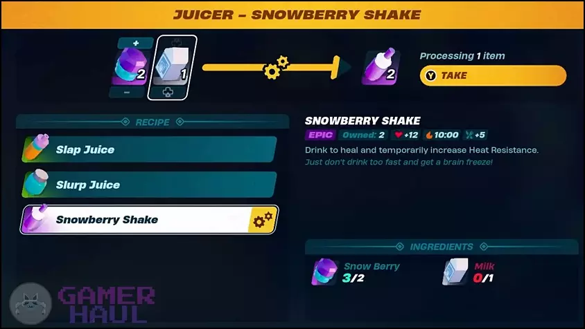 Snowberry Shake, a heat resisting drink in LEGO Fortnite.