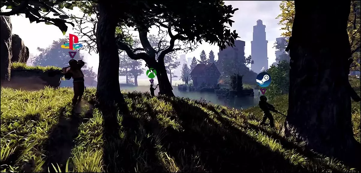 Screenshot of three Enshrouded players chopping trees. with Steam, Xbox and PS5 logos on top of their characters,