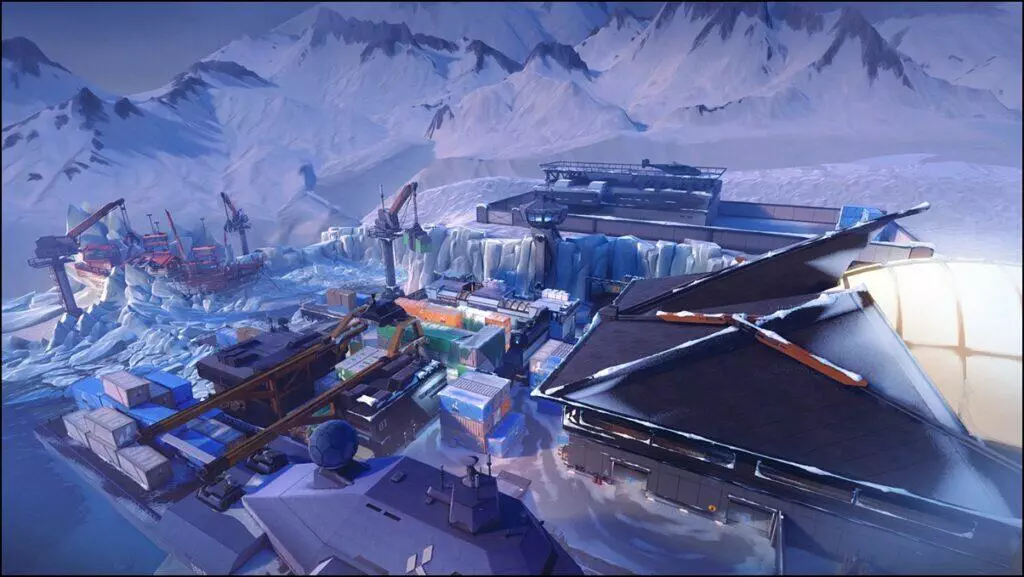 Aerial view of the Icebox map in Valorant, returning to the competitive map pool in the upcoming Episode 8 Act 1. 