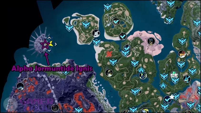 The Alpha Boss version of the Jormuntide Ignis marked in the Palworld map.