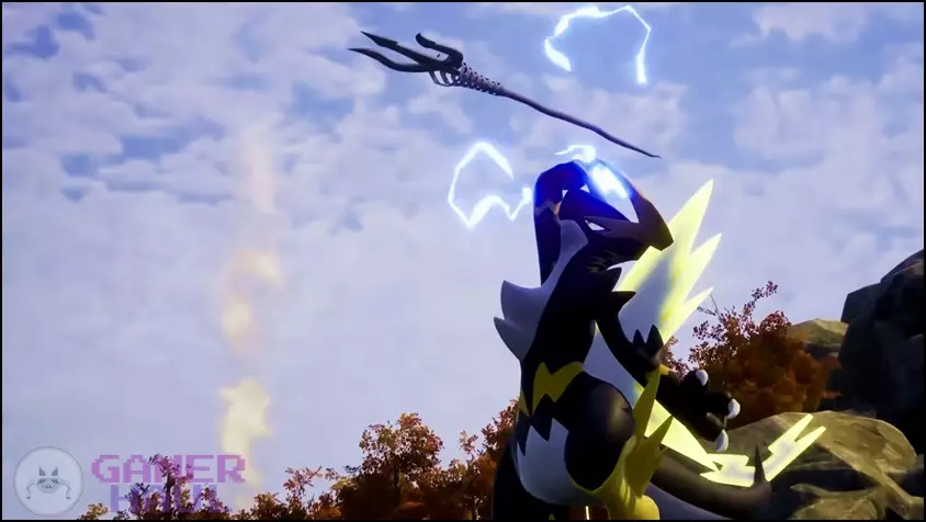 Screenshot showcasing Orserk, an electric-type type Pal in Palworld, about to unleash its exclusive Lightning Trident attack.