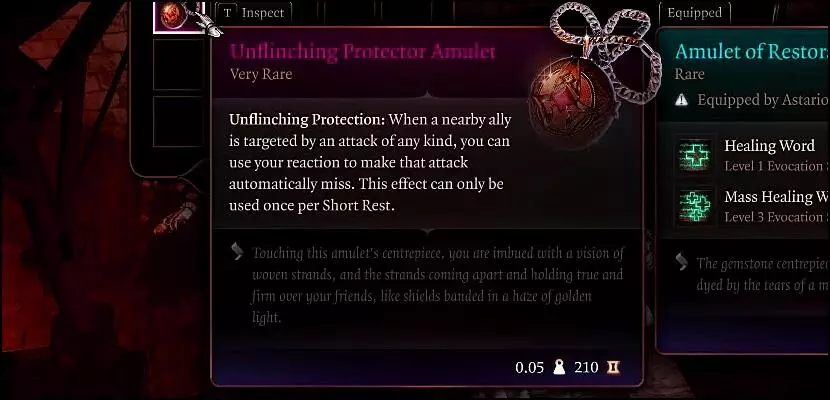 Unflinching Protector Amulet, a Very Rare quality amulet in Baldur's Gate 3.