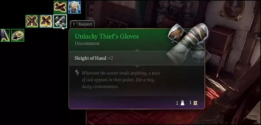 Screenshot of the Unlucky Thief's Gloves item in Baldur's Gate 3 player inventory.