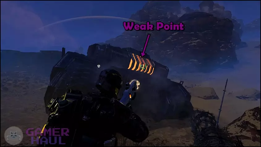 Image pointing out the heatsink weak point of an Automaton Annihilator Tank in Helldivers 2. 