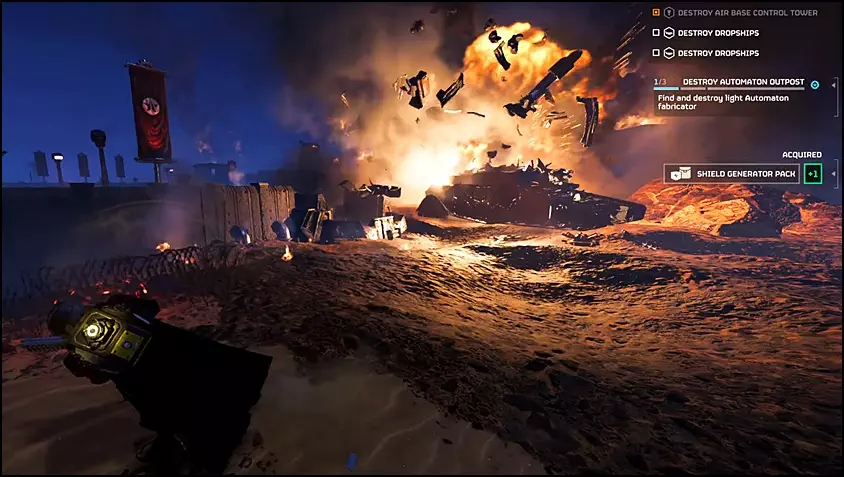 An exploding Automaton Tank, resulting from a Stratagem deployment in Helldivers 2.