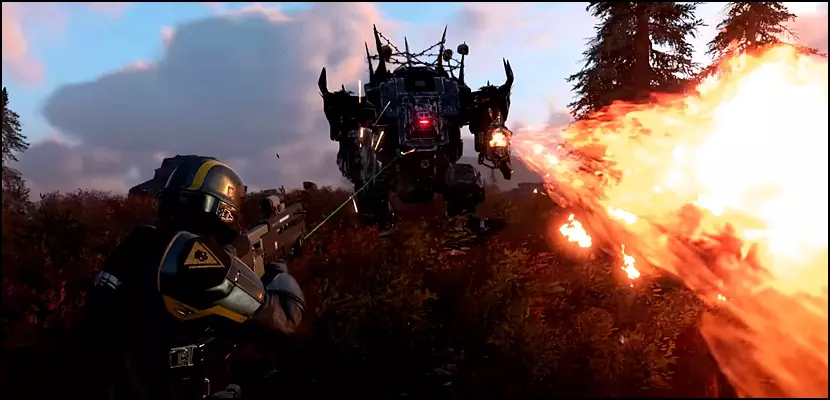 Helldivers 2 screenshot featuring a Scorcher Hulk using its deadly Flamethrower weapon to engulf the player in flames.