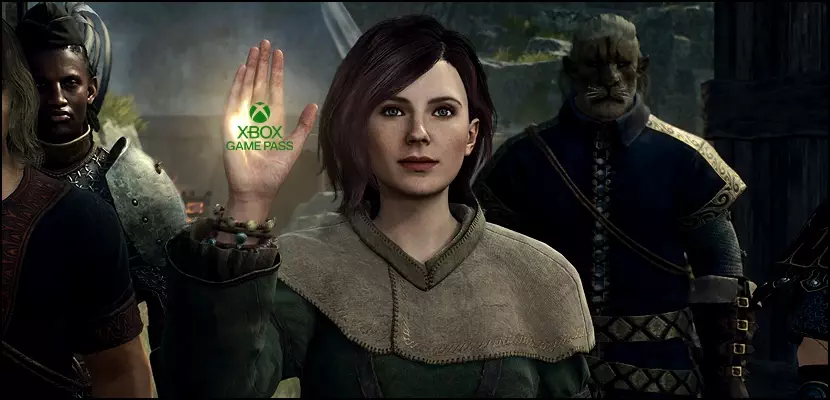 Image of Dragon's Dogma 2 woman gesturing a blessing with her hand, holding the Xbox Game Pass logo.