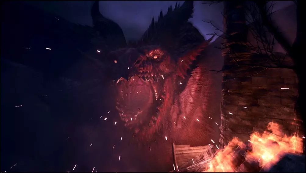 Image of a Dragon roaring into the camera, featured in the Dragon's Dogma trailer.