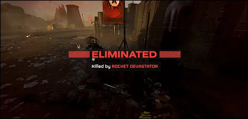 'Eliminated by Rocket Devastator' splash screen presented to the player after being downed by a Devastator enemy in Helldivers 2.