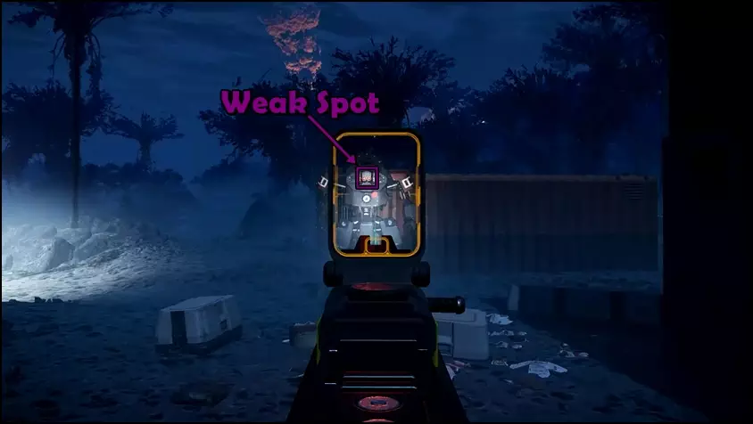 Weak Spot of a Devastator bot enemy in Helldivers 2 marked in a screenshot.