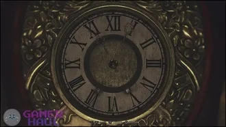 screenshot of the grandfather clock in the resident evil 4 library with the correctly set time