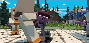 A Piglin creature attacking a village in Minecraft legends screenshot