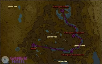 Zelda Tears of the Kingdom map with locations of each charged armor set piece precisely marked
