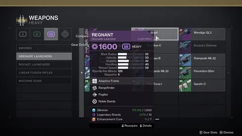 Screenshot Locating the Regnant Grenade Launcher in Weapon Collections Tab in Destiny 2