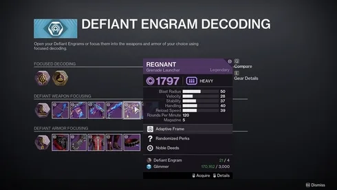 Defiant Weapon Decoding at the War Table for acquiring Regnant Grenade Launcher in Destiny 2 