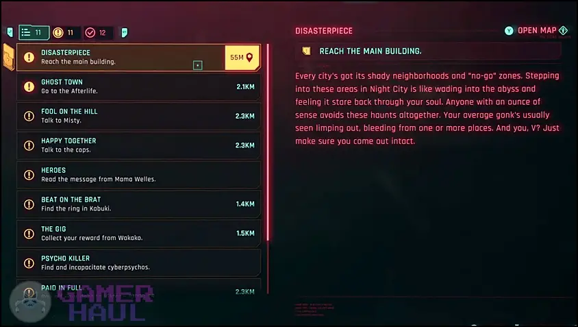 Screenshot of Disasterpiece Main Mission that Rewards Players with Errata in Cyberpunk 2077 2.0