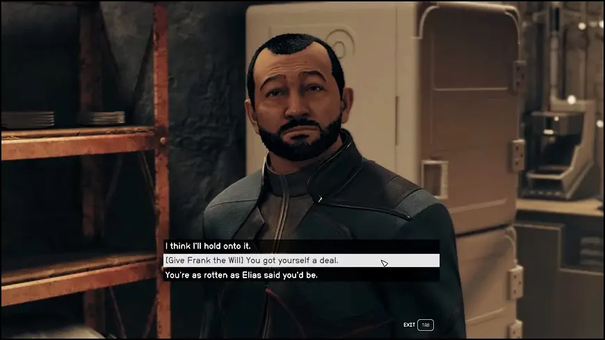 Giving Frank Langston Sahar's Will in Last Will and Testament Mission of Starfield
