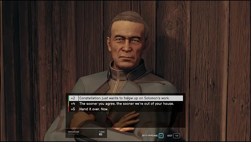 Persuasion Minigame Option with Jacob Coe in The Empty Nest Mission of Starfield