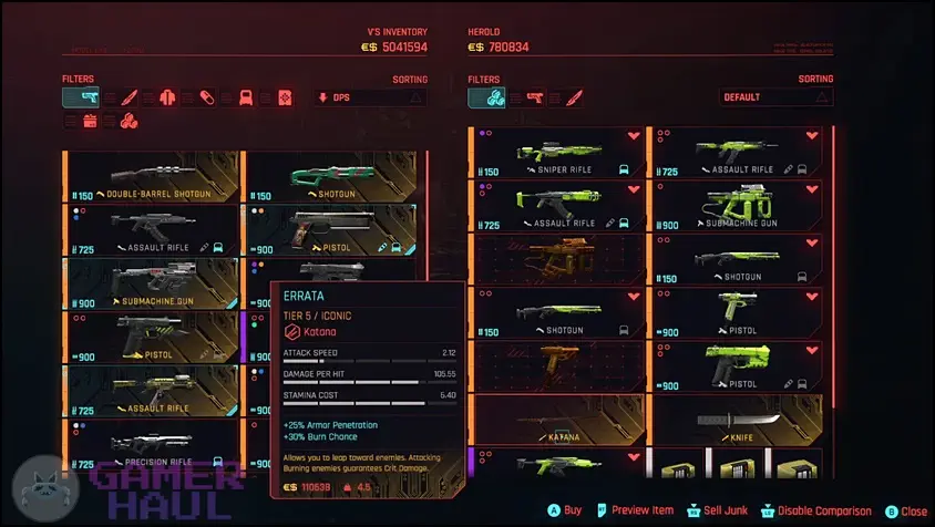 Buying the Errata Thermal Katana from Herold in Cyberpunk 2077: Phantom Liberty