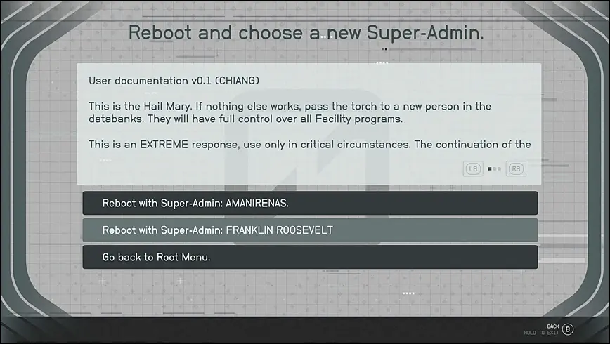 Reboot and Choose a New Super-Admin Option in the Operation Starseed Mission of Starfield