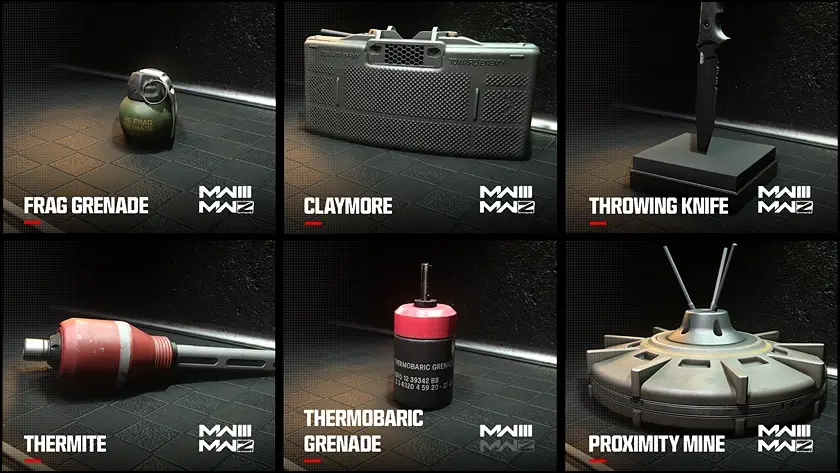 Gallery featuring list of first six Lethal Equipment available in Call of Duty: Modern Warfare 3 at launch.
