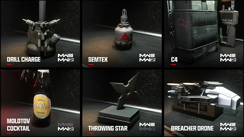Gallery featuring list of remaining six Lethal Equipment available in Call of Duty: Modern Warfare 3 at launch.