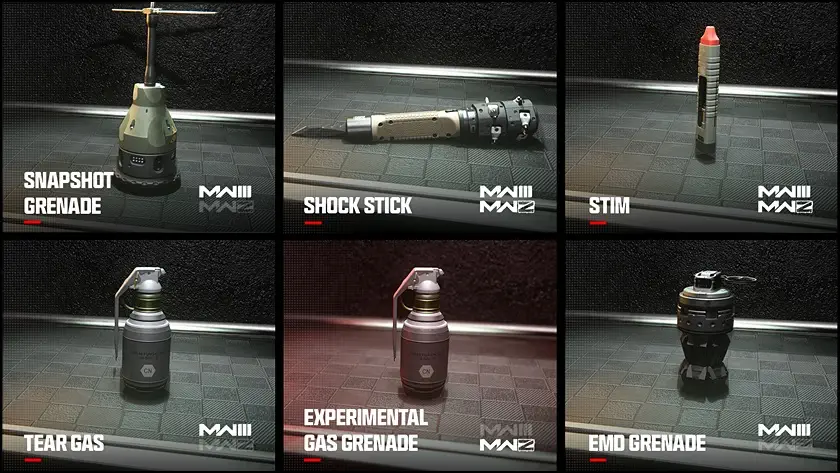 Gallery featuring list of remaining six Tactical Equipment available in Call of Duty: Modern Warfare 3 at launch.